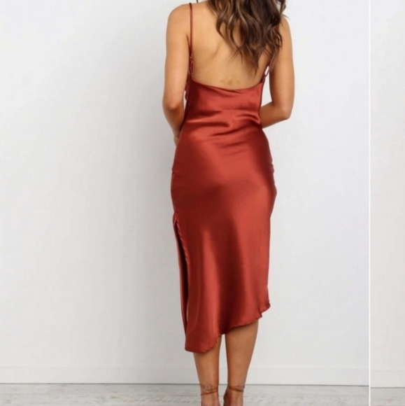 Petal & Pup Rust Cypress Draped Cowl Silky Satin Side Slit Midi Slip Dress 2US - Picture 7 of 8